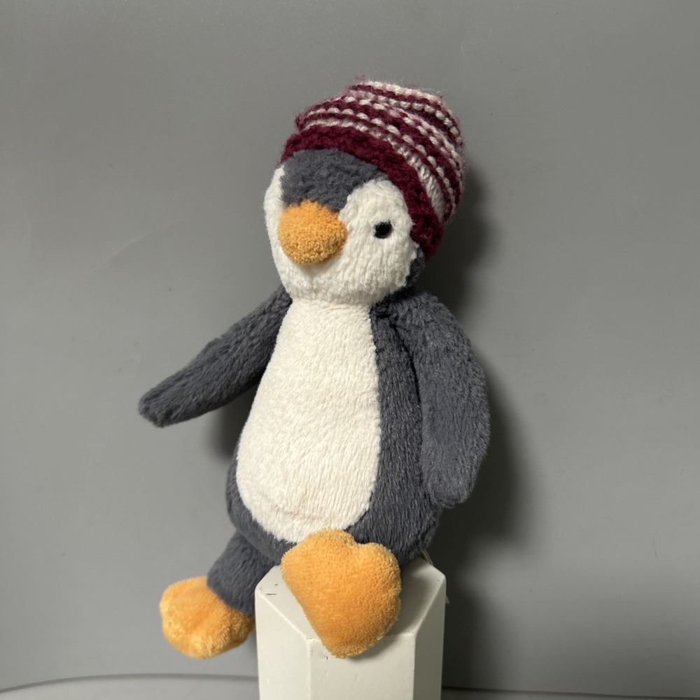 Jellycat Bashful Bobble Hat Grey Penguin Small 8" Retired Plush -Missing Hat Pom